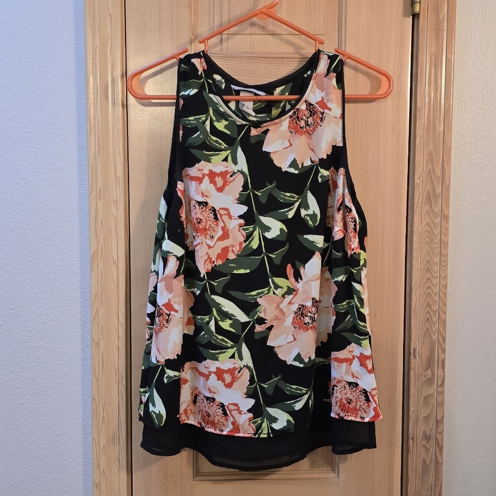 H&M Top Size 8 Black/Orange Floral Sleeveless Tank Women's